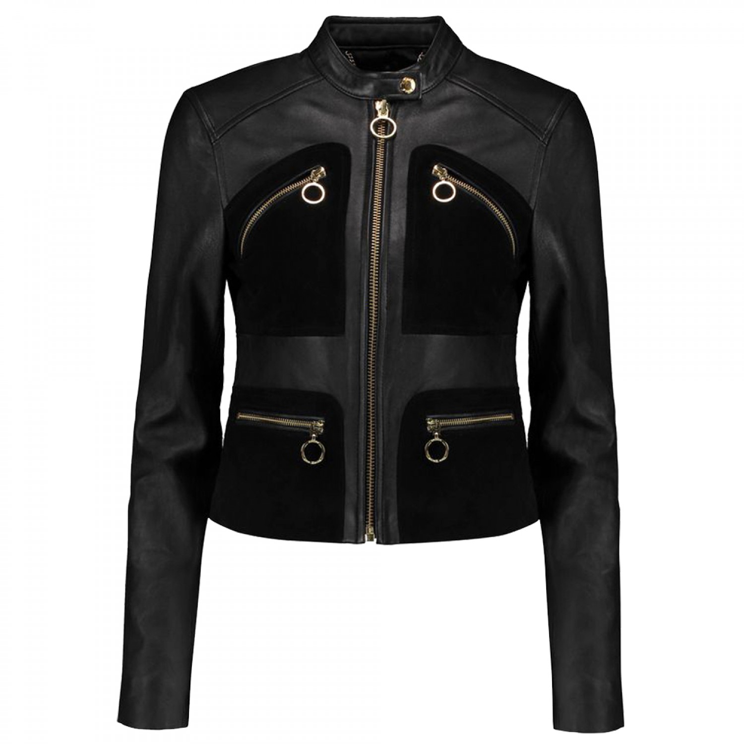 Women’s Gothic Real Leather Jacket | Black Full Sleeve Circle Neck with Velvet Pockets
